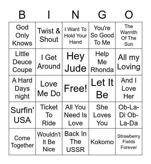 Beach Boys vs. Beatles Bingo Card