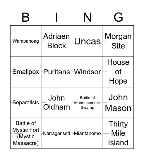 Colonial Connecticut Bingo Card