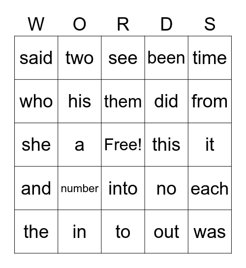 Sight Words Bingo Card