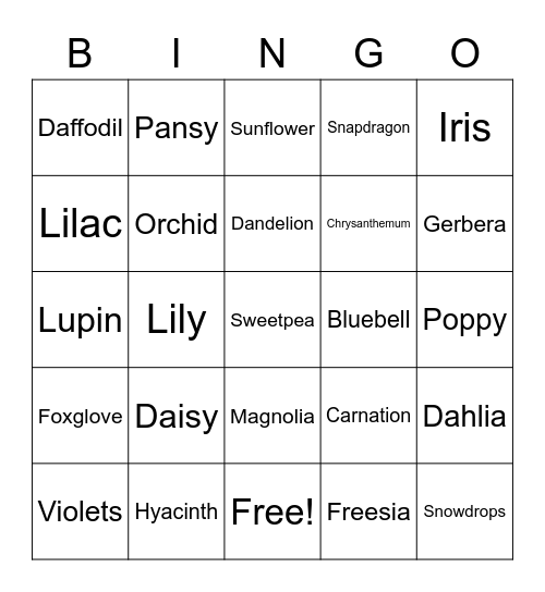 English Flowers Bingo Card