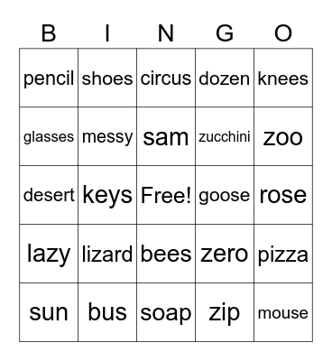 S and Z Bingo Card