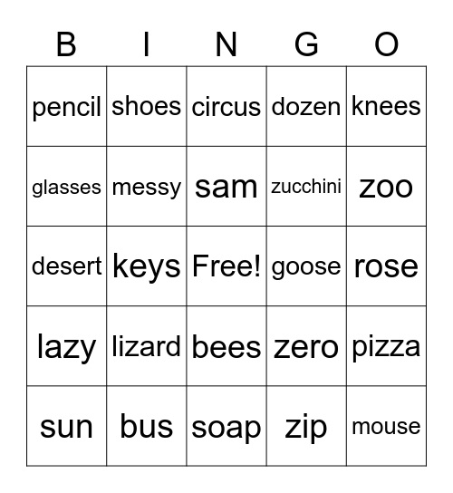 S and Z Bingo Card