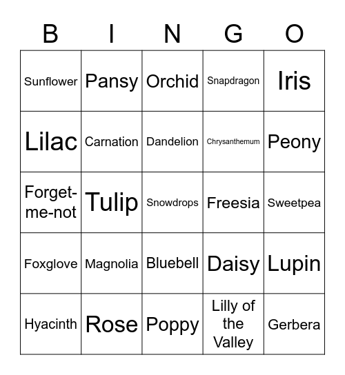 English Flowers Bingo Card
