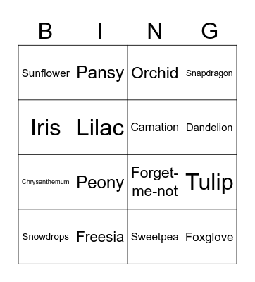 English Flowers Bingo Card