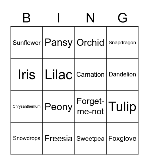English Flowers Bingo Card