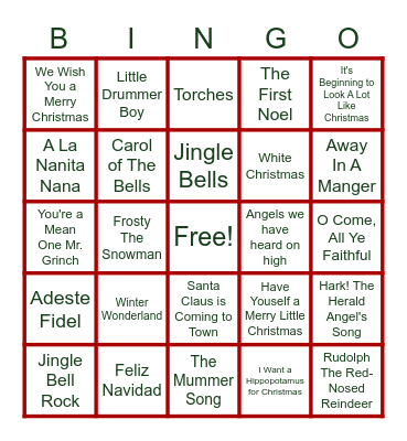 Vivo Christmas Song Bingo Card