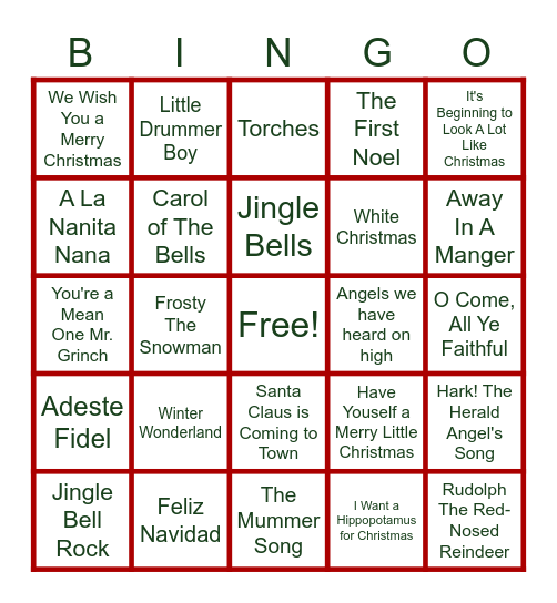 Vivo Christmas Song Bingo Card