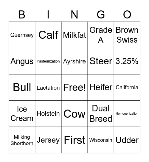 Dairy Cattle Terms Bingo Card