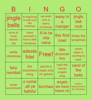 Vivo Christmas song Bingo Card