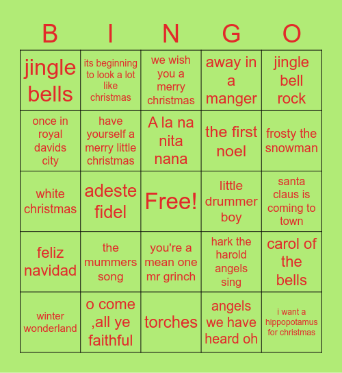 Vivo Christmas song Bingo Card