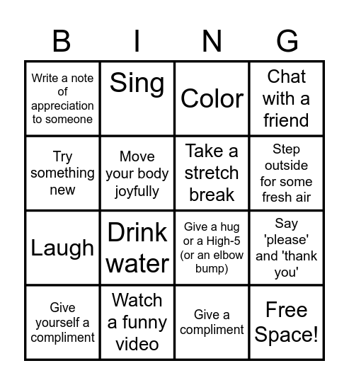 Self-Care Bingo Card