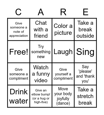 Self-Care/Kindness Bingo Card