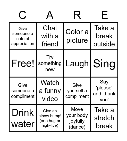 Self-Care/Kindness Bingo Card