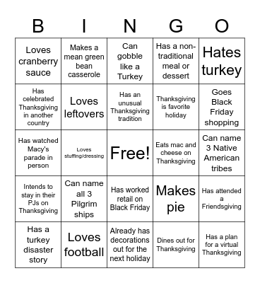 Thanksgiving BINGO Card