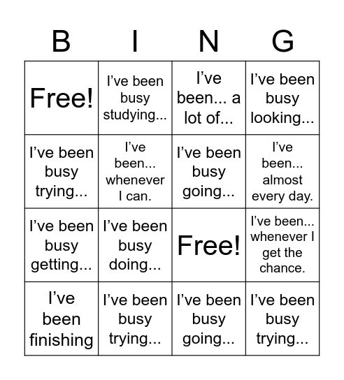 What have you been up to? Bingo Card