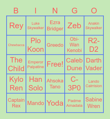 Star Wars character's Bingo Card