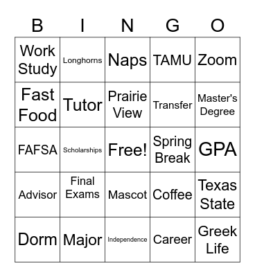 College Life Bingo Card