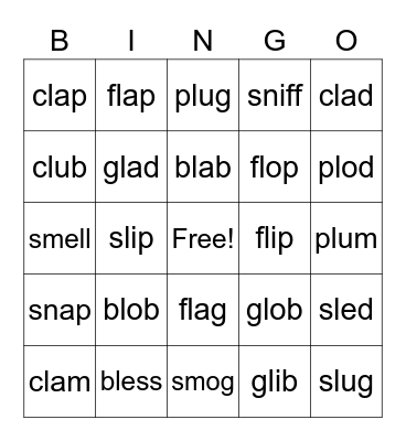 Blends    bl,cl,fl,gl,pl,sl,sm,sn   ETC 2.5 Les.1 & 2 Bingo Card