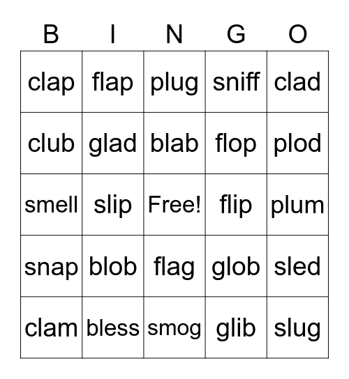 Blends    bl,cl,fl,gl,pl,sl,sm,sn   ETC 2.5 Les.1 & 2 Bingo Card