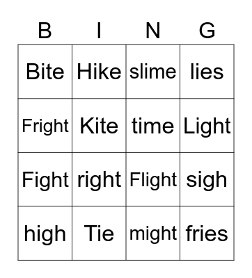 Long I Pattern-igh, i_e, ie Bingo Card