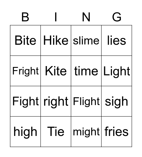 Long I Pattern-igh, i_e, ie Bingo Card