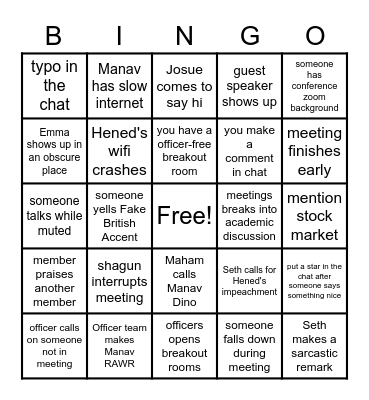 Official PBL Meeting Bingo Card