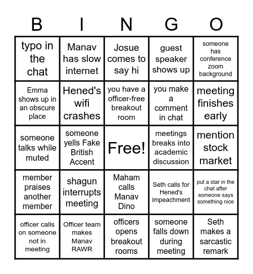 Official PBL Meeting Bingo Card