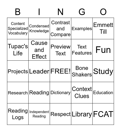 Intensive Reading Bingo Card