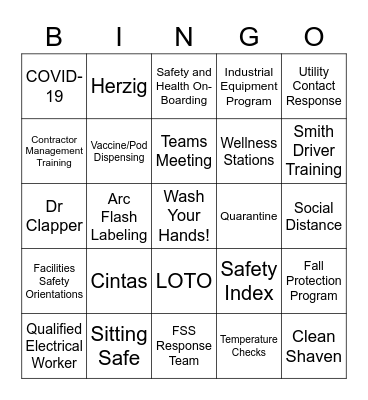 Safety and Health Department 2020 to Remember (or Forget!) Bingo Card