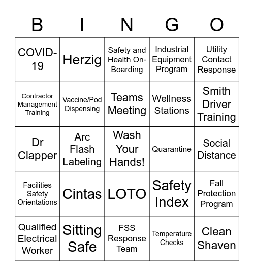 Safety and Health Department 2020 to Remember (or Forget!) Bingo Card