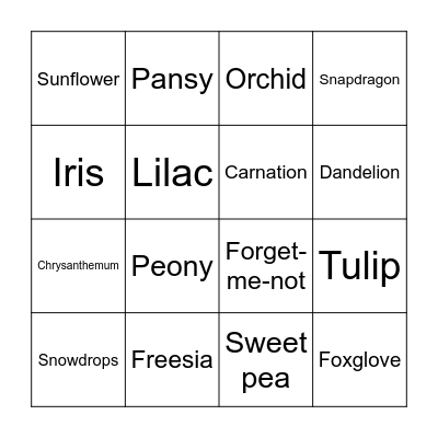 English Flowers Bingo Card