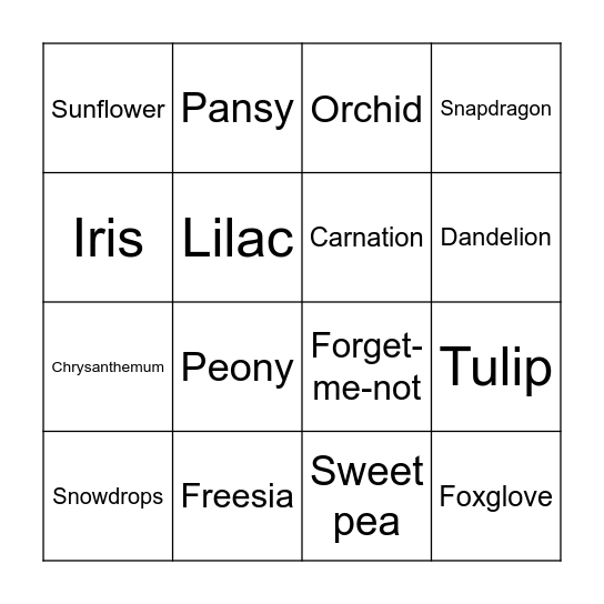 English Flowers Bingo Card