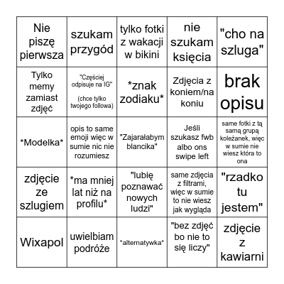 Typowa Laska z Tinder Bingo Card