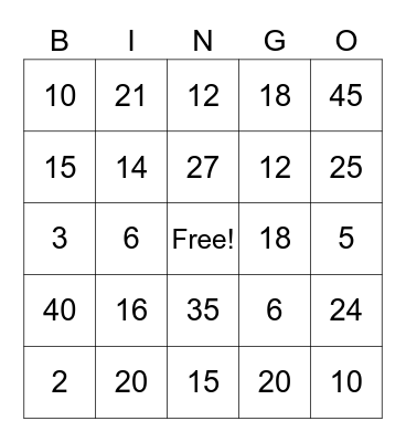 Multiplication 2s, 5s, 3s Bingo Card
