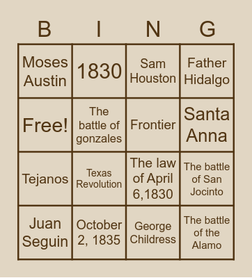 Texas Revolution Bingo Card