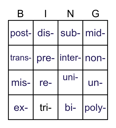 Prefixes Bingo Card