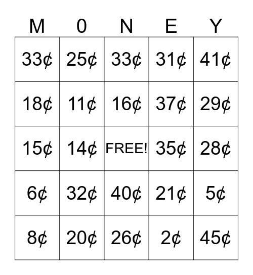 Money Bingo Card