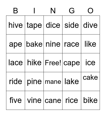 Phonics Bingo Card