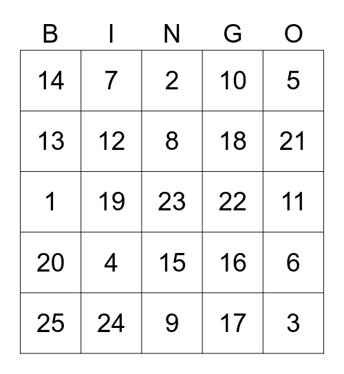 1-25 Bingo Card