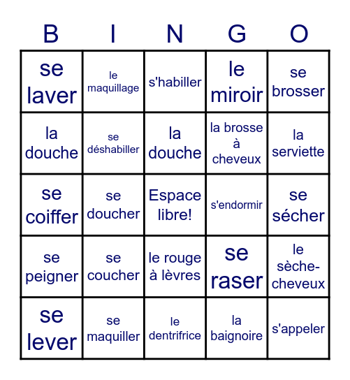 Les verbes réflexifs Bingo Card