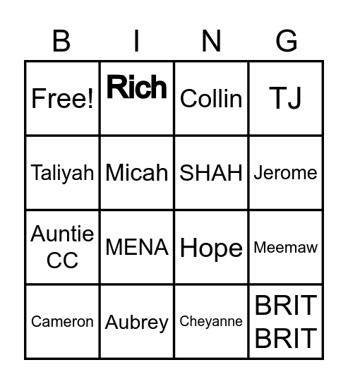 Meemaws grandbaby bingo Card