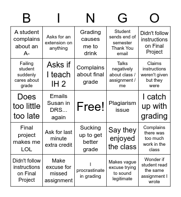End of Semester Bingo Card