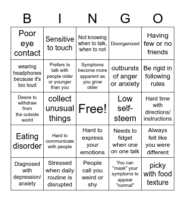 ASD Late Diagnosis BINGO Card