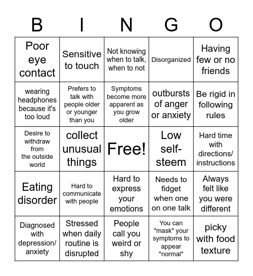 ASD Late Diagnosis BINGO Card