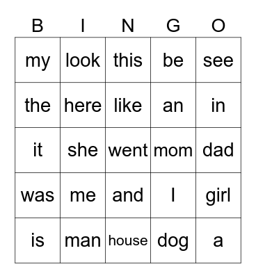 Snap Word Bingo Card