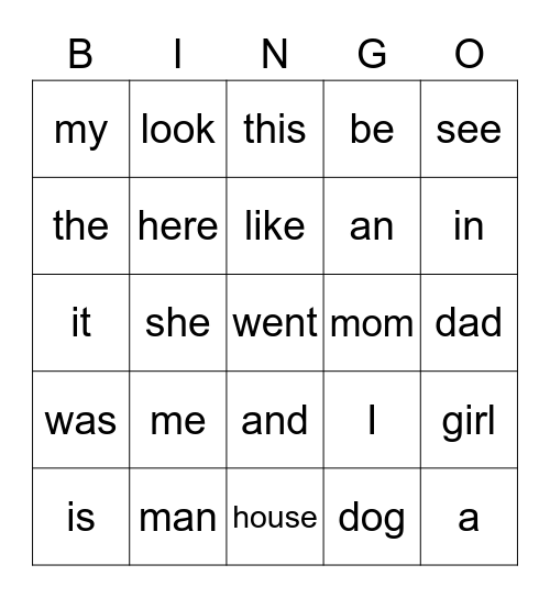 Snap Word Bingo Card