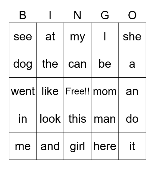 Snap Word Bingo Card