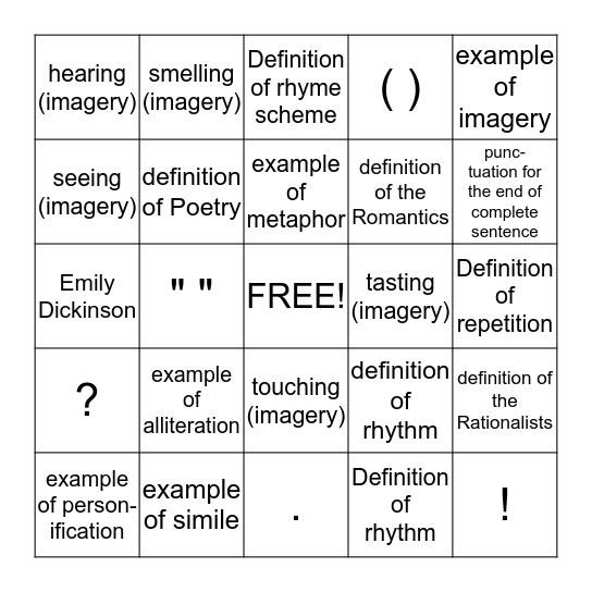 Poetry and Punctuation Bingo Card