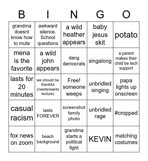 Family Christmas Bingo Card