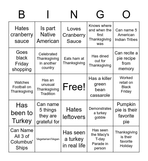 Thanksgiving Bingo Card